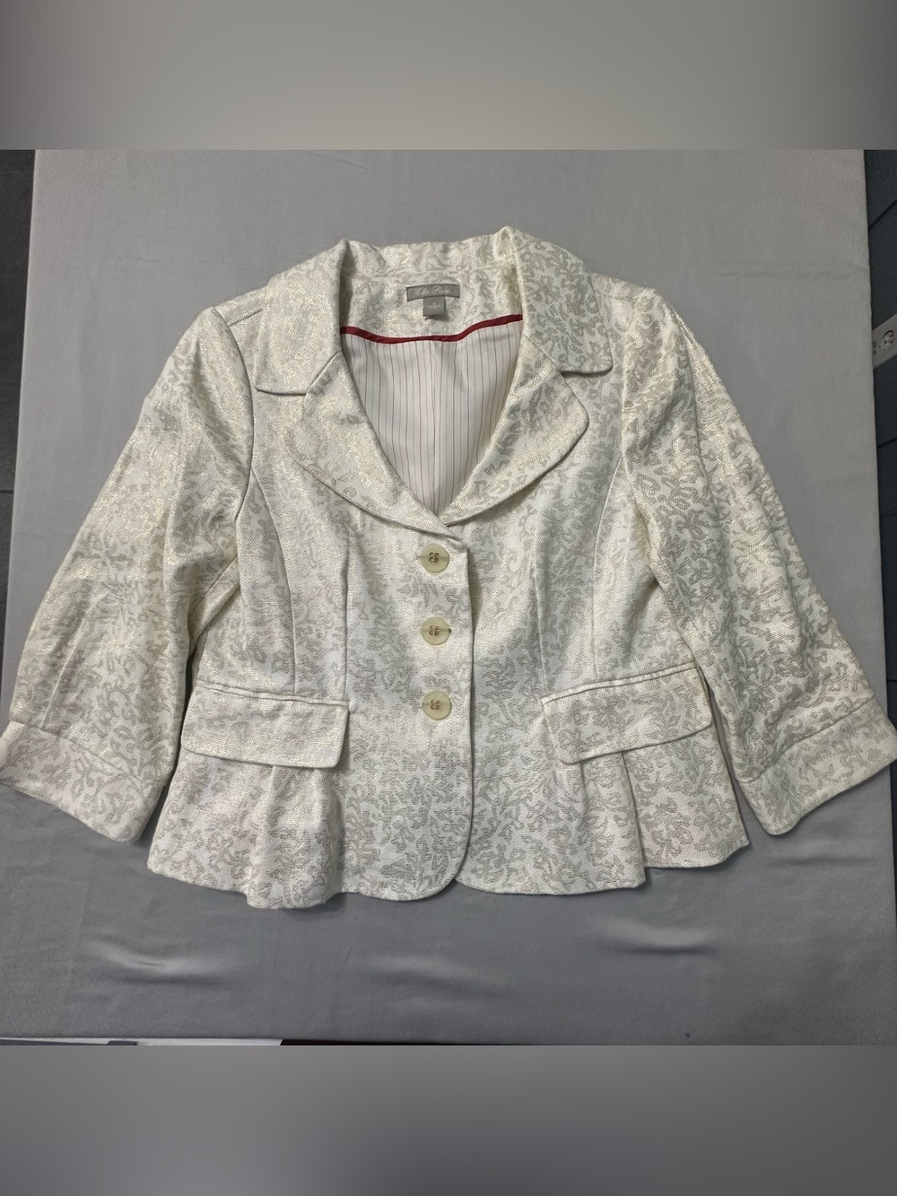 Ella Rose Linen Blazer Jacket Womens 8 Ivory Gold Metallic Damask Peplum Lined